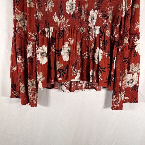 Torrid Blouse Women's 1 1X Brown Floral Bell Long Sleeve Round Neck Rayon - Picture 9 of 9